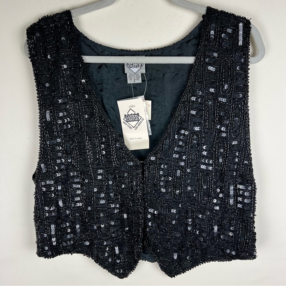 Cotton Castle Vintage 80s Dead Stock Whimsigoth Black Silk Beaded Sequins Vest S